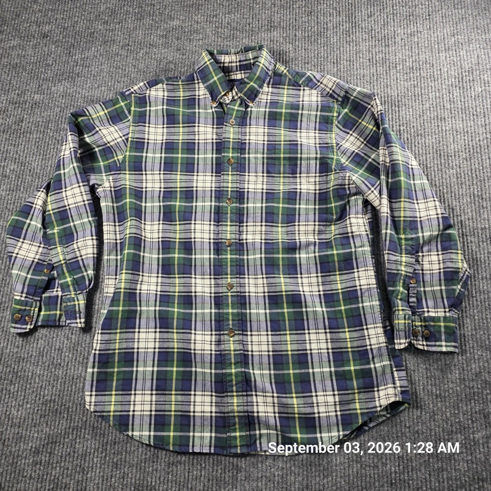 Lands End Mens Plaid Button Down Shirt Green Navy Cotton Long Sleeve M 15-15.5